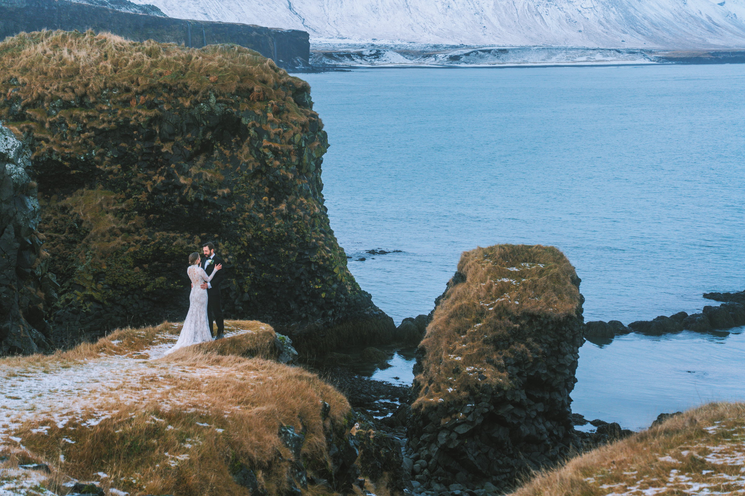 Wedding portrait on a rugged coastline