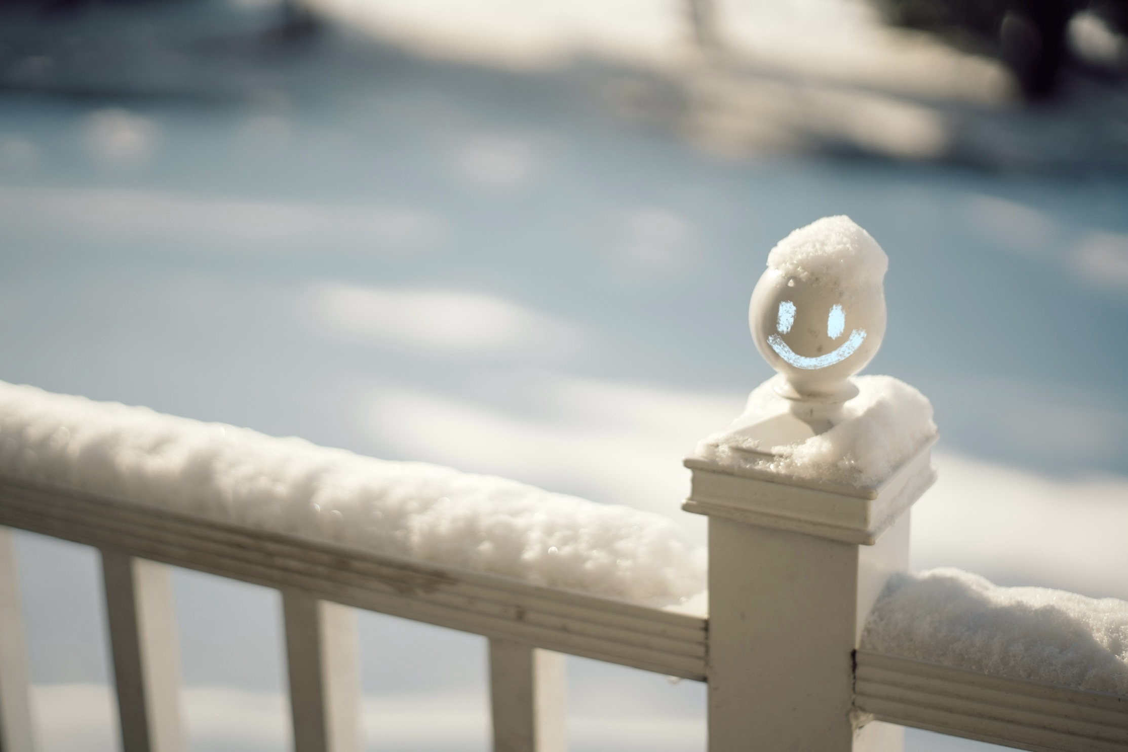 Small snow figure perched on a railing
