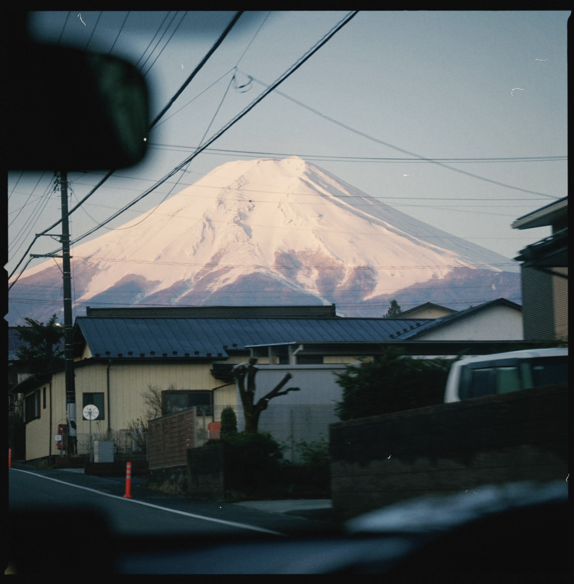 Mount Fuji seen from a passing car